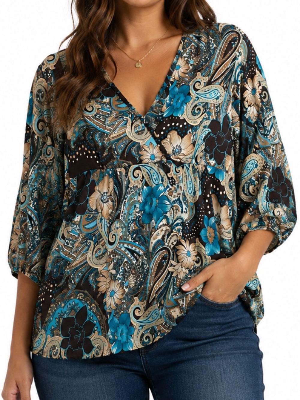 Fylo by Nylon Peplum Top Womens Size Medium Multicolor Floral Plunge V-Neck